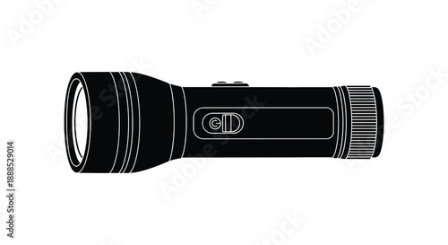 A detailed black and white illustration showcases a handheld flashlight emphasizing its form and function silhouette high quality professional modern elegant