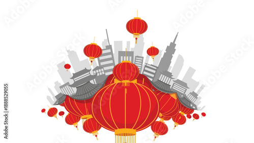 Red Chinese Lanterns and Asian Cityscape Illustration, Generative AI.