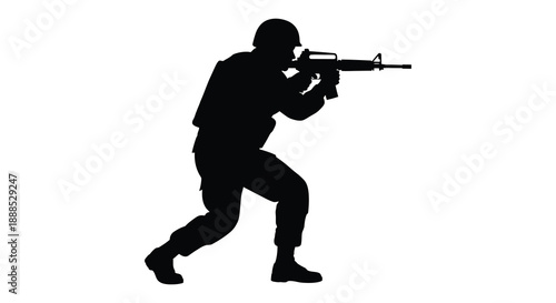 A stark depiction of a soldier aiming a rifle captured in a dramatic black silhouette high quality professional detailed modern elegant
