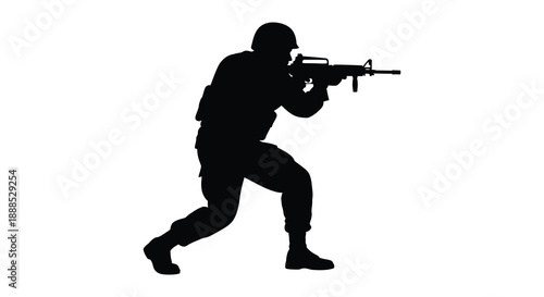 A soldier in combat gear aims a rifle forward depicted in a striking black silhouette high quality professional detailed modern elegant