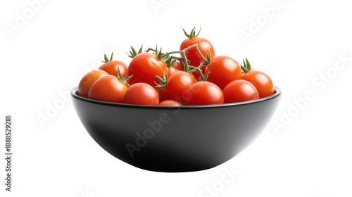 Dish of fresh cherry tomatoes in black bowl against transparent background food