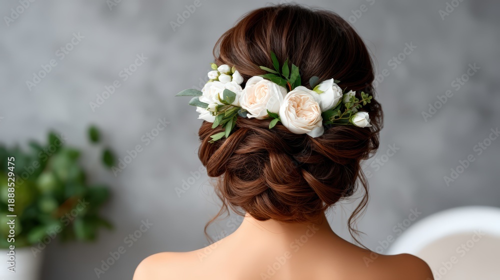 Naklejka premium A beautifully styled updo with a floral hairpiece, showcasing elegance and sophistication in hair fashion.