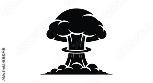 A stark black silhouette depicts a mushroom cloud rising from a base symbolizing an atomic explosion silhouette high quality professional detailed