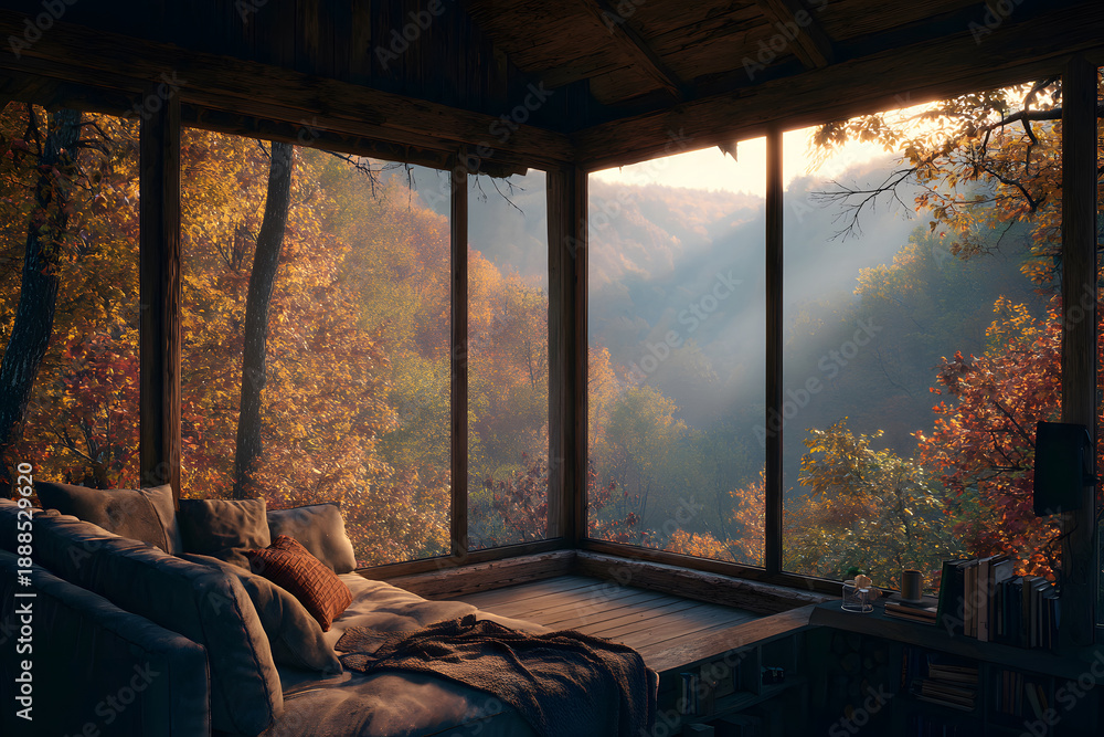 Obraz premium Cozy cabin living room with autumn view of serene forest in warm sunlight