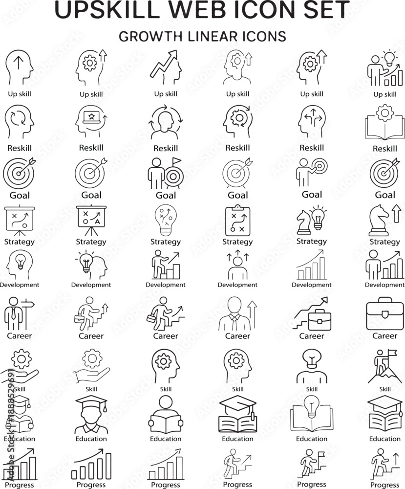 Fototapeta premium Career Growth And Upskill Linear Icon Collection With Arrows, Goals, And Development