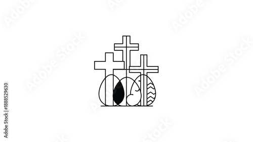 Easter Crosses and Eggs Line Art Drawing, Generative AI.
