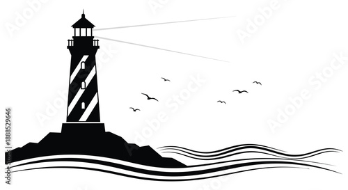 A striking black lighthouse stands on a rocky island with birds flying above a wavy sea a beautiful silhouette high quality