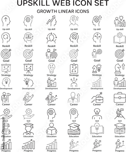 Career Growth And Upskill Linear Icon Collection With Arrows, Goals, And Development