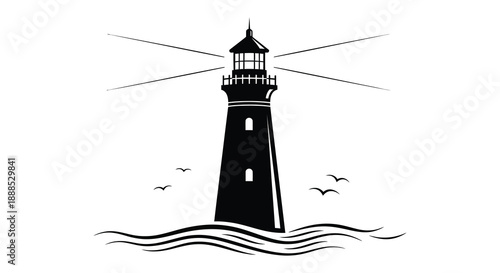 A striking black lighthouse stands against a bright background with waves and birds presented as a bold silhouette high quality professional