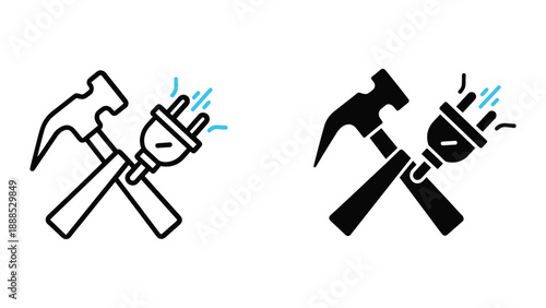 Hammer and electric plug crossed illustration
