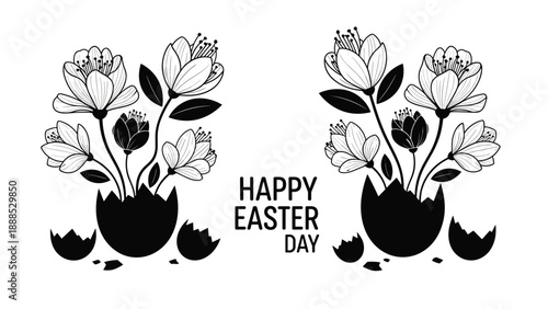 Happy Easter Day with Flowers Blooming from Cracked Eggshells Black and White Illustration, Generative AI.