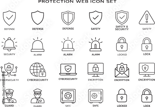 Protection Web Icon Set In Line Style With Modern Security Symbols
