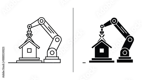 Robotic arm assembling a house model
