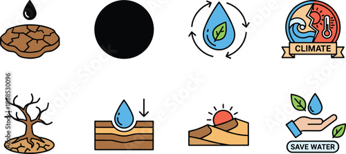 Climate Change and Water Conservation Icon Set with Drought and Sustainability Symbols