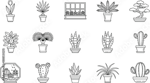 Minimal houseplant vector icon set, indoor plant collection, succulent cactus line art, botanical elements, modern outline illustration for design projects