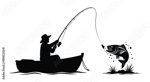 A fisherman in a small boat successfully catches a jumping fish depicted in a striking black silhouette high quality professional detailed