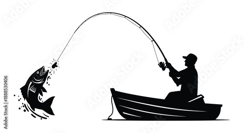 A striking black silhouette depicts a fisherman in a small boat reeling in a large jumping fish silhouette high quality professional