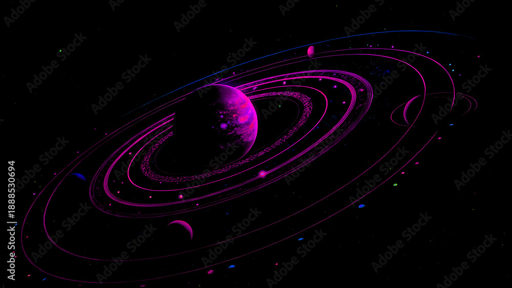 Fototapeta premium A 3d vector illustration of a pink planet in a solar system concept featuring a technology circle and spiral wave design.
