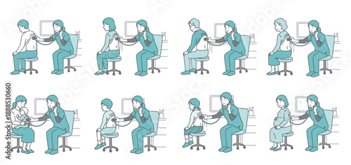 スクラブを着用した女性医療従事者による背中の聴診イラスト8点セット（老若男女・妊婦・乳児）