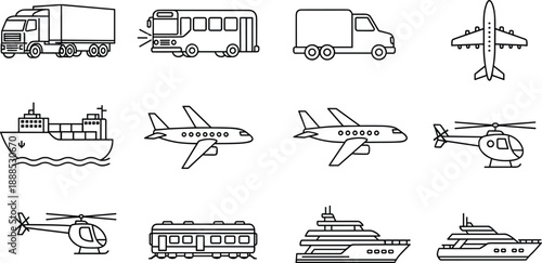 Transportation line icon set, travel vehicle collection, truck bus airplane ship symbols, modern outline illustration, logistics mobility graphics