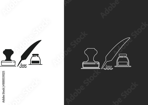 icons Quill pen and inkwell icon set classic writing tools for historical or literary concepts simple vector illustration on white and dark backgrounds