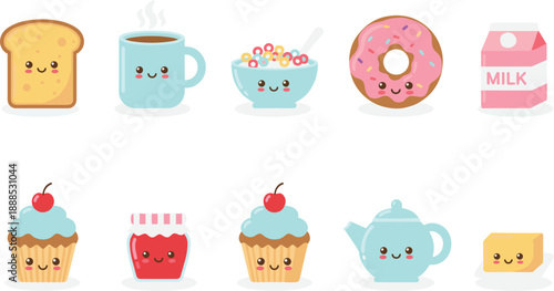 Cute Kawaii Breakfast Food Characters Collection with Toast, Donut and Milk