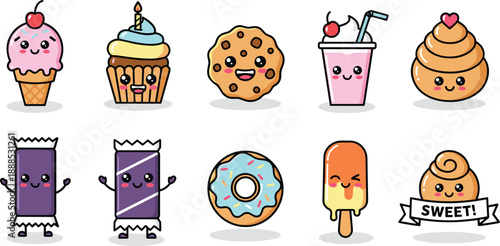 Cute Kawaii Dessert Characters Collection with Ice Cream, Donut and Candy