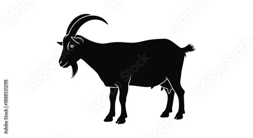 A striking black silhouette of a majestic goat standing in profile showcasing its curved horns and sturdy build silhouette high quality