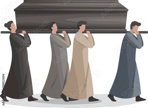 Funeral Procession with Pallbearers Carrying Coffin Flat Vector Illustration