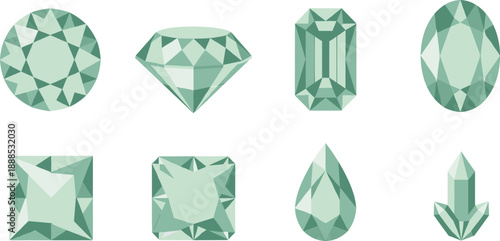 Green Gemstone and Diamond Shapes Collection in Faceted Flat Vector Style