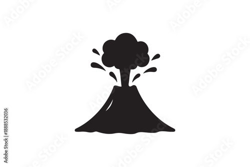Volcano eruption icon with smoke clouds and lava splashes black silhouette isolated on white backgrou