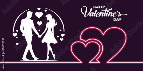Romantic Happy Valentine’s Day vector with neon heart line and couple silhouette on dark background. Ideal for modern greeting cards, nightlife events, romantic posters, and digital promotions.