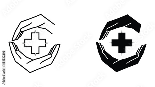 Caring hands holding medical cross symbol