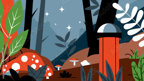 Enchanting forest scene with whimsical mushrooms, glowing stars, and a mysterious red structure.