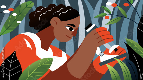 A Black woman in an orange shirt uses a microscope to examine plants in a lush, green forest setting.