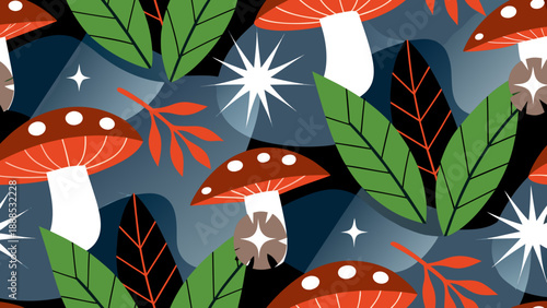 Whimsical seamless pattern featuring red and white spotted mushrooms, green leaves, and sparkling stars on a dark, geometric background.