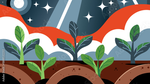 Stylized illustration of young green plants growing in rich brown soil under a starry night sky with a crescent moon and abstract light rays.