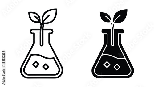 Laboratory flask with growing plant inside