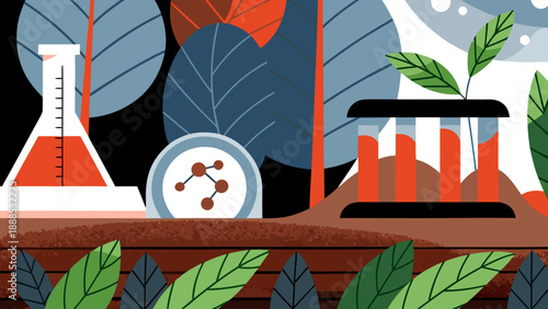 Illustration depicting scientific research in a natural setting with plants and laboratory equipment.