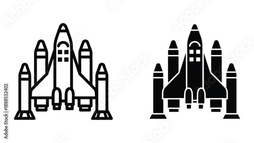Space shuttle with rocket boosters in outline and solid style