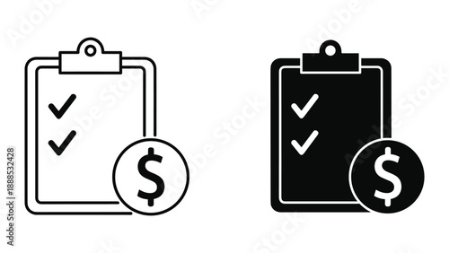 Clipboard with checkmark and dollar sign icon set