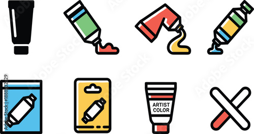 Paint Tube and Artist Color Supply Icon Set in Flat Vector Style