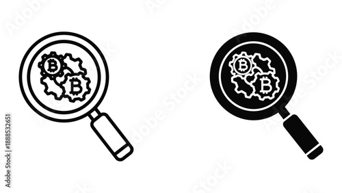 Magnifying glass examining bitcoin gears