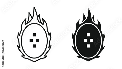 Black and white flame emblem with four squares