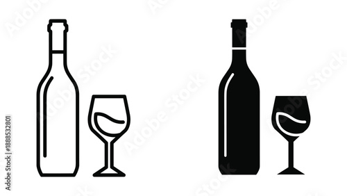 Wine bottle and glass icon set