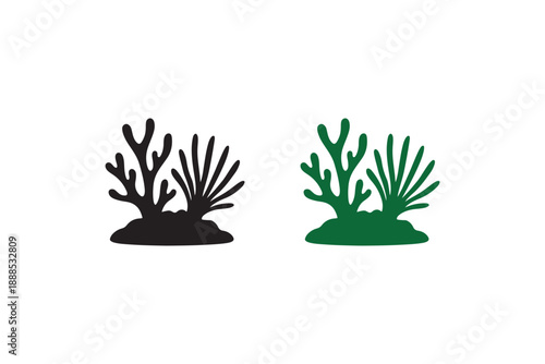 Two coral reef formations, one black and one green, on a plain white background