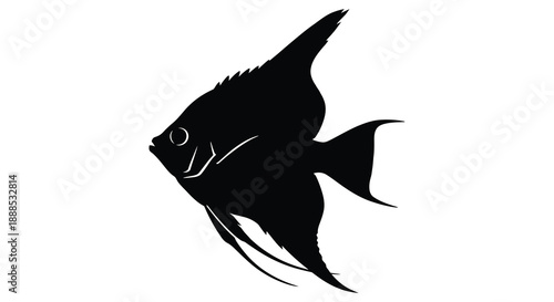 A striking black silhouette of an angelfish gracefully swimming showcasing its distinctive triangular shape and flowing fins silhouette high quality professional