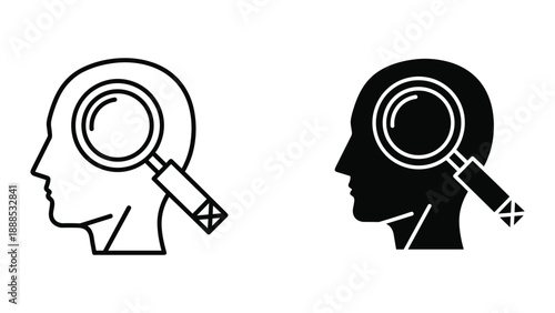 Human head with magnifying glass examining brain