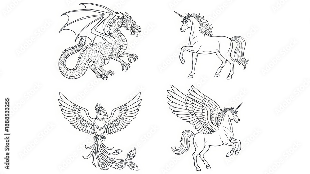Fototapeta premium Fantasy Creatures Outline: Dragon, Unicorn, Phoenix, Pegasus