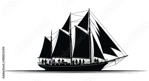 A striking black silhouette of a tall sailing ship with figures on deck evoking a sense of nautical adventure silhouette